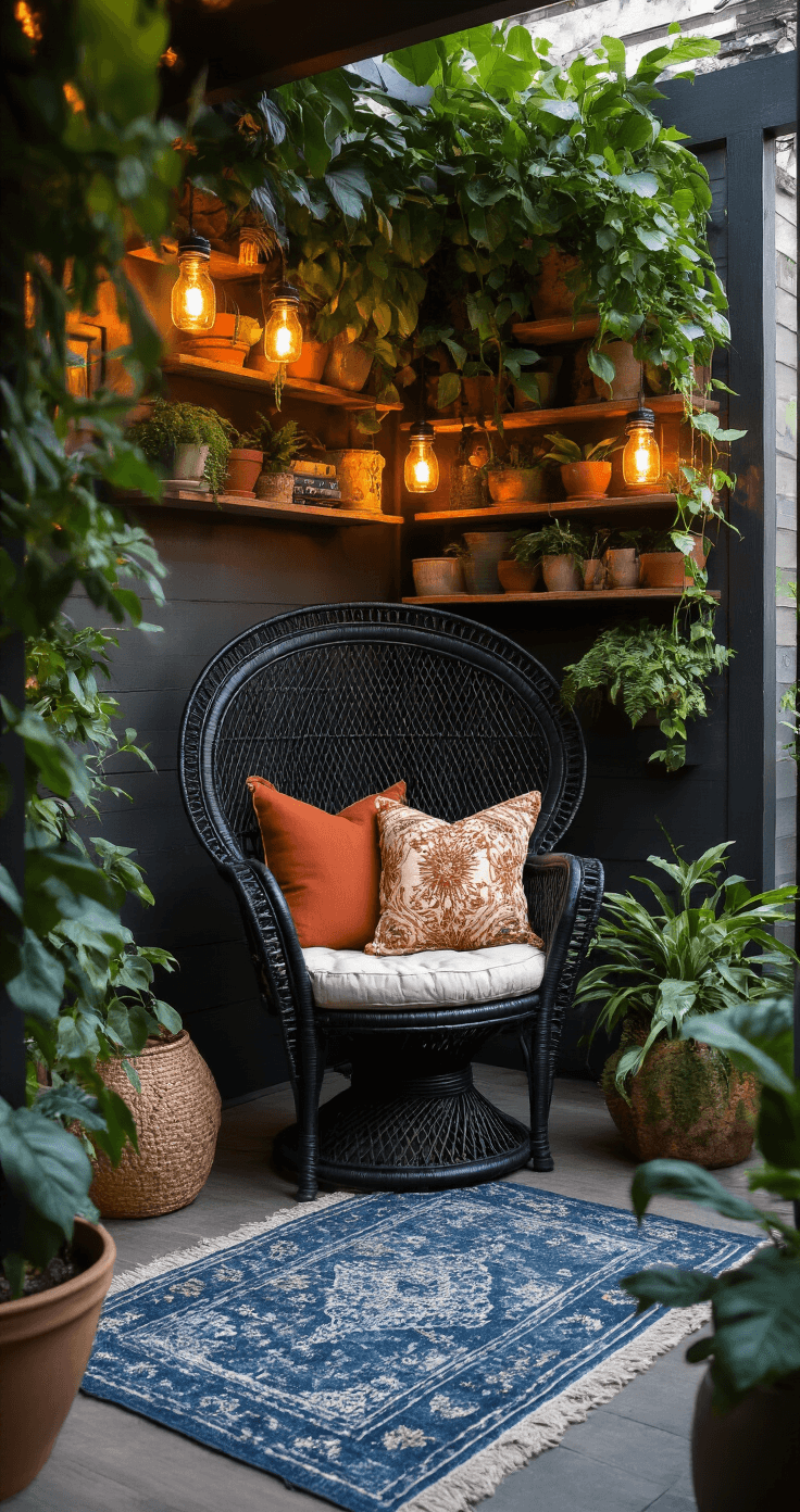 Intimate patio corner at dusk featuring a matte black vintage rattan peacock chair with bohemian cushions, illuminated by solar-powered mason jar lights on recycled wooden shelving, surrounded by layered faded indigo rugs and lush plants in mismatched ceramic pots.