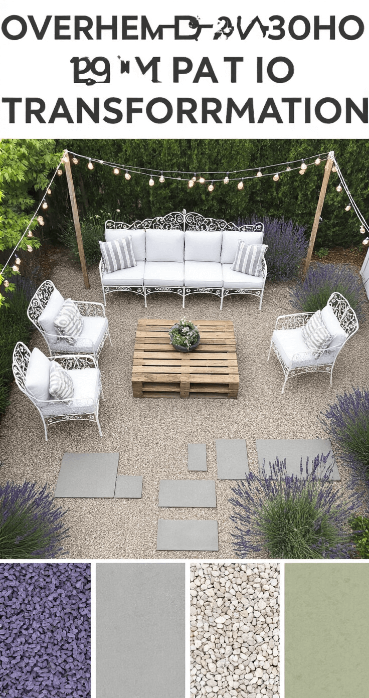 Overhead view of a transformed 20x20ft patio featuring white-painted wrought iron furniture, a DIY reclaimed wood coffee table, gravel pathways with lavender and ornamental grasses, and market lights strung overhead, contrasting smooth concrete pavers with rough gravel in a color palette of white, lavender grey, sage, and weathered wood.