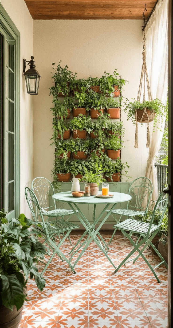 An eye-level view of a cozy townhouse patio featuring a restored mint green metal bistro set, surrounded by a vertical garden wall of upcycled gutters filled with herbs and trailing vines. Handmade macramé plant hangers showcase spider plants, while a Moroccan-patterned painted concrete floor adds character. Soft natural light filters through semi-sheer outdoor curtains, enhancing the mint, terracotta, cream, and forest green color palette.