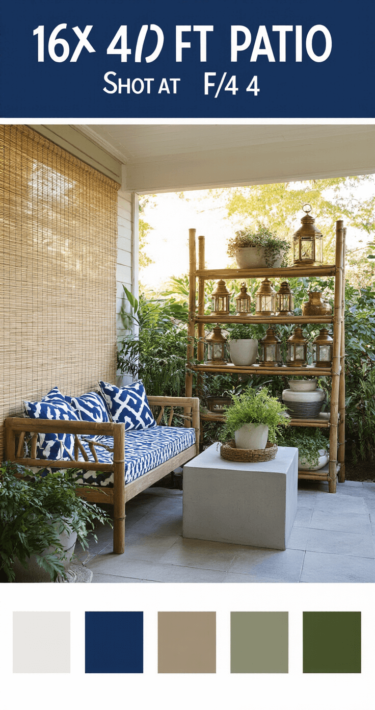 A corner patio illuminated by late afternoon sunlight features a navy blue geometric daybed, white DIY concrete planters with Mediterranean plants, a repurposed ladder shelf filled with brass lanterns, and a bamboo roll-up shade, creating a stylish outdoor retreat in navy, white, brass, and olive green.