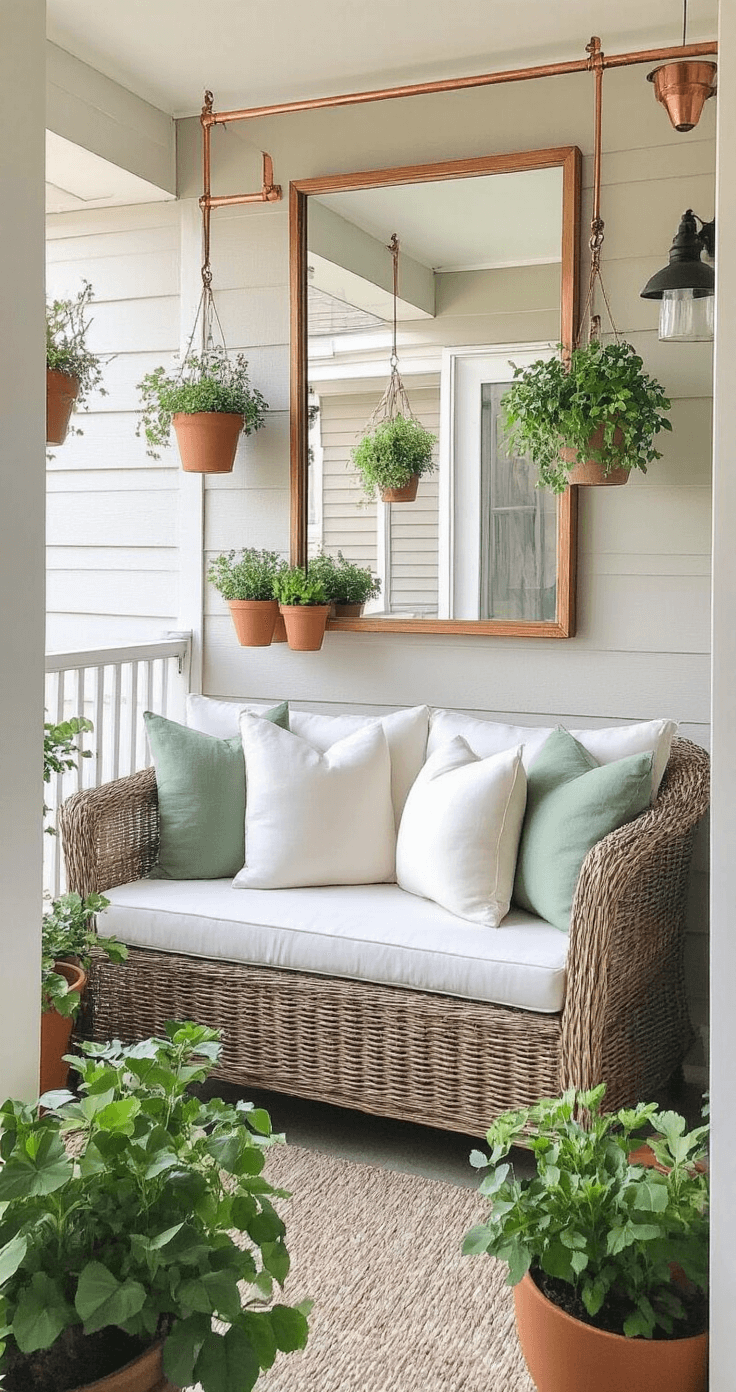 A compact apartment patio featuring a wicker loveseat with white cushions, an oversized mirror reflecting morning light, and a container garden of perennials in painted clay pots, complemented by a DIY hanging herb garden made from mason jars and copper pipes, all in a color palette of white, copper, sage green, and warm grey.