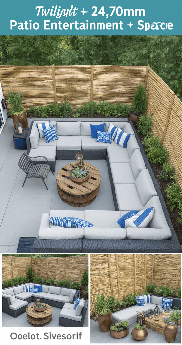 A twilight view of a stylish patio entertainment space featuring a sectional sofa with DIY coastal blue pillows, a repurposed wooden cable spool coffee table, bamboo screening for privacy, and solar lanterns among copper planters with succulents.