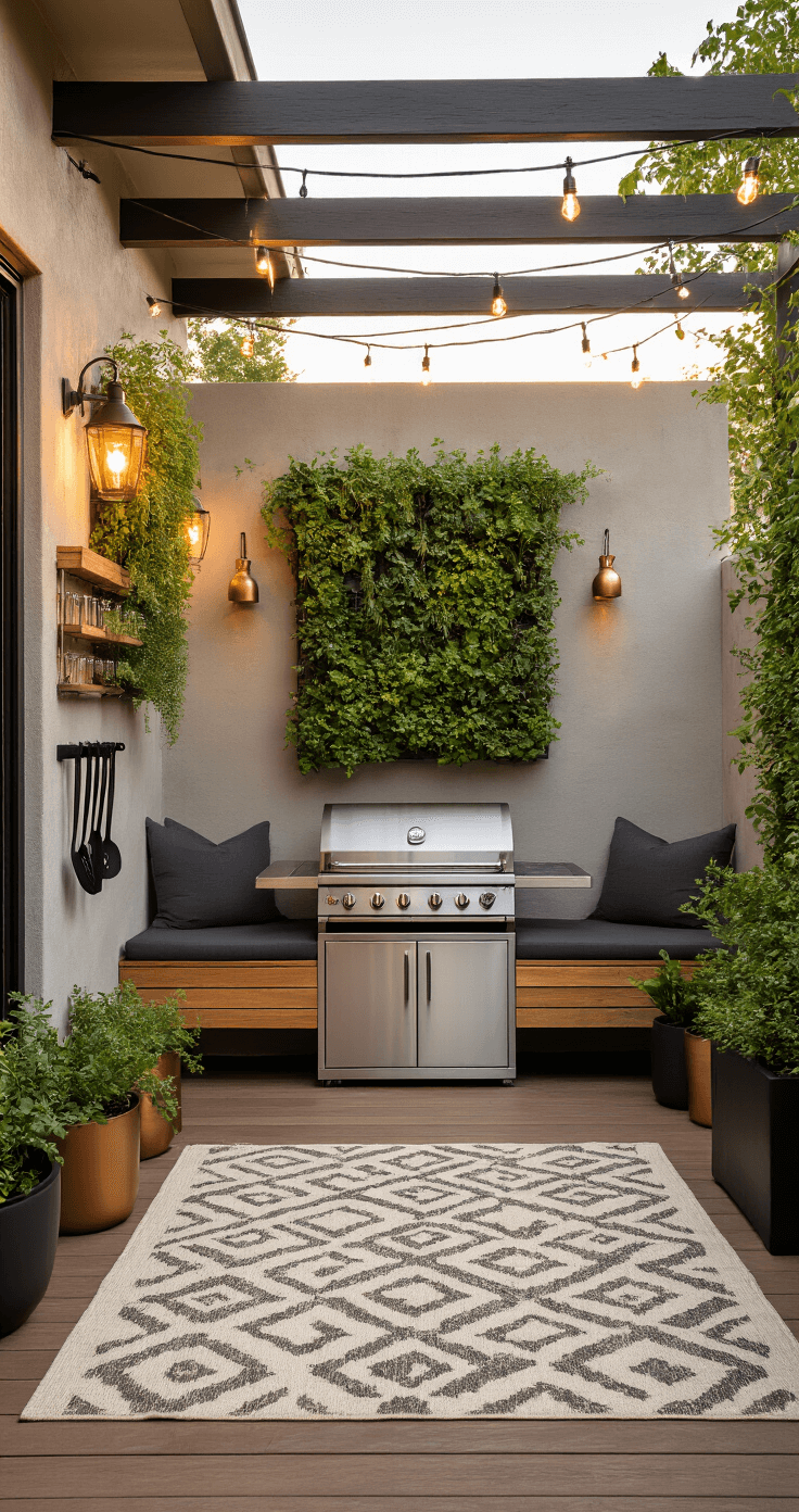 An intimate 10x12ft patio grilling oasis captured at golden hour, featuring a sleek stainless steel compact grill, a modern fold-down teak wall bench with charcoal cushions, a vertical herb garden, string lights overhead, and warm natural light filtering through a pergola. The image showcases a geometric cream/gray outdoor rug, copper lanterns, and matte black grill tools on a wall-mounted rack, with textures of weathered wood, brushed metal, and terra cotta planters, all enhanced by depth and leading lines from the decking.