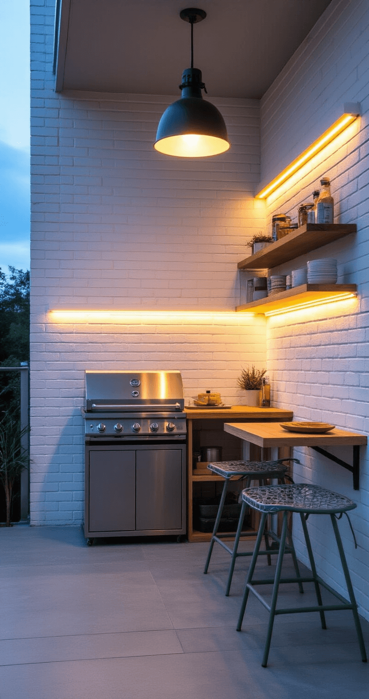 Low-angle evening view of a chic urban patio corner featuring a minimalist white brick wall with ambient LED strip lighting, a graphite-colored foldable grill station with a bamboo prep surface, a sage green space-saving bistro set, vertical storage with floating shelves, and an industrial pendant light, showcasing a blend of warm artificial and cool twilight tones.
