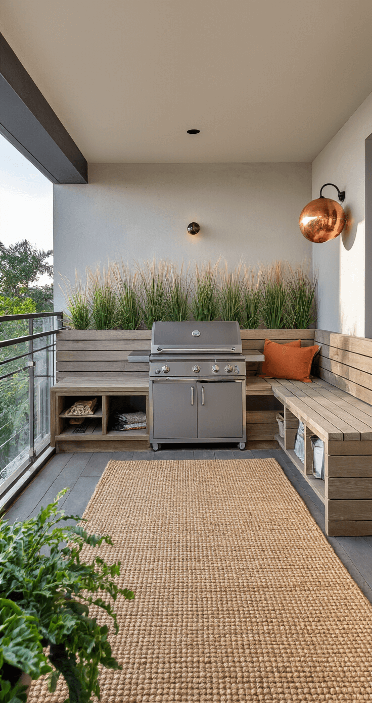 A panoramic view of a well-designed 6x8ft balcony grilling setup, featuring a compact gunmetal gray gas grill, a custom-built corner bench with hidden storage in weathered teak, modular wall planters with ornamental grasses, solar-powered copper globe lights, and a natural jute outdoor rug, all showcasing a Mediterranean-inspired color palette with terracotta and azure accents during late afternoon.