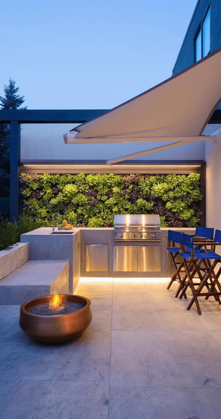 Overhead view of a contemporary patio at dusk featuring an L-shaped built-in grill with a polished concrete countertop, surrounded by marine blue stackable director's chairs, a vertical succulent wall, and a modern copper fire bowl, all enhanced by dramatic shadows from a retractable awning and integrated LED floor lighting.