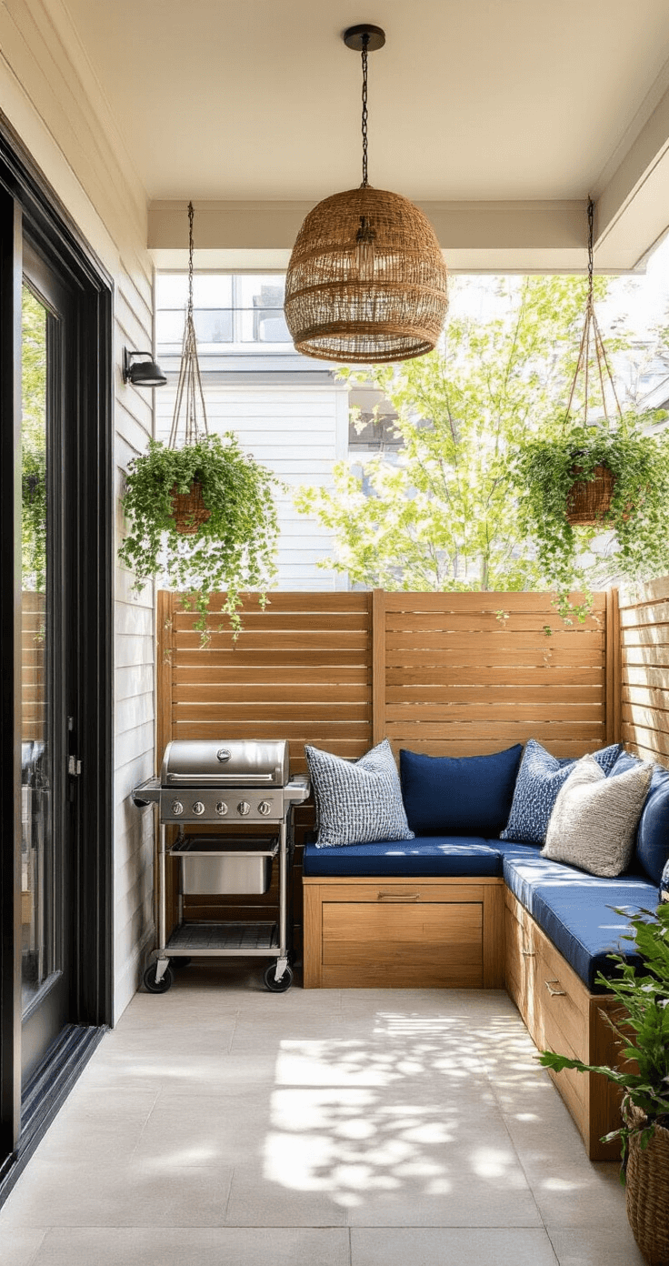 A bright morning scene showcasing a 7x9ft townhouse patio with sliding glass doors. The compact entertainment area features a brushed stainless foldable grill cart, a built-in storage bench with navy cushions and brass hardware, and hanging pendant planters with trailing vines. Woven rattan lighting fixtures create patterned shadows, emphasizing the indoor-outdoor flow and coastal-inspired color scheme.