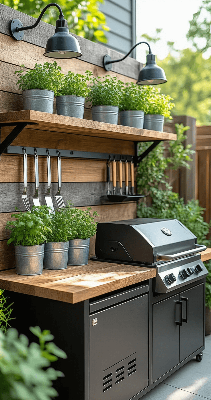 Close-up view of a micro-patio grill station featuring a wall-mounted folding prep table in reclaimed wood, a compact matte black infrared grill, magnetic knife strip, utensil rack integrated into a privacy screen, potted herbs in galvanized steel containers, and industrial-style adjustable task lighting, showcasing a modern farmhouse aesthetic with high contrast between light and shadow.