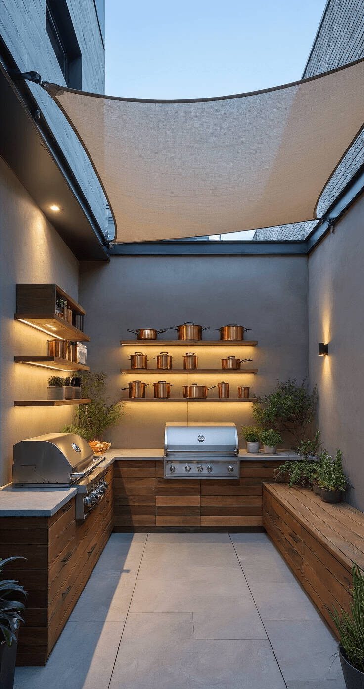 Twilight view of an 8x8ft courtyard patio, captured from a low angle, highlighting a sleek wall-mounted electric grill with smoke hood and a custom steel and wood storage system. A retractable canvas shade sail is overhead, with illuminated floating shelves showcasing copper cookware. The space features a mixed material palette of concrete, steel, and natural wood, with dramatic uplighting accentuating the architectural elements and reflecting an urban contemporary style with Japanese minimalist influence.