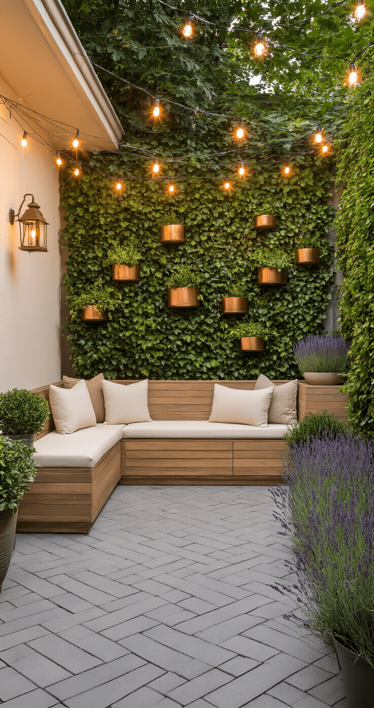 Intimate patio at golden hour featuring herringbone concrete pavers, modern teak storage bench with ivory cushions, criss-cross string lights, vertical garden wall with ivy and copper planters, vintage brass lanterns, and potted lavender, all in a cream and sage green palette with copper accents.
