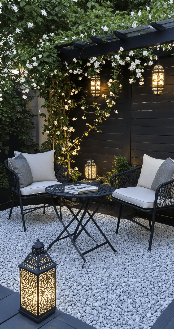 Cozy 10x12ft gravel patio at dusk featuring premium white pea gravel edged with dark-stained timber, a matte black bistro set with ivory cushions, a flowering jasmine trellis, and Moroccan-style solar lanterns casting shadows, all in a cool gray and white palette with black accents.