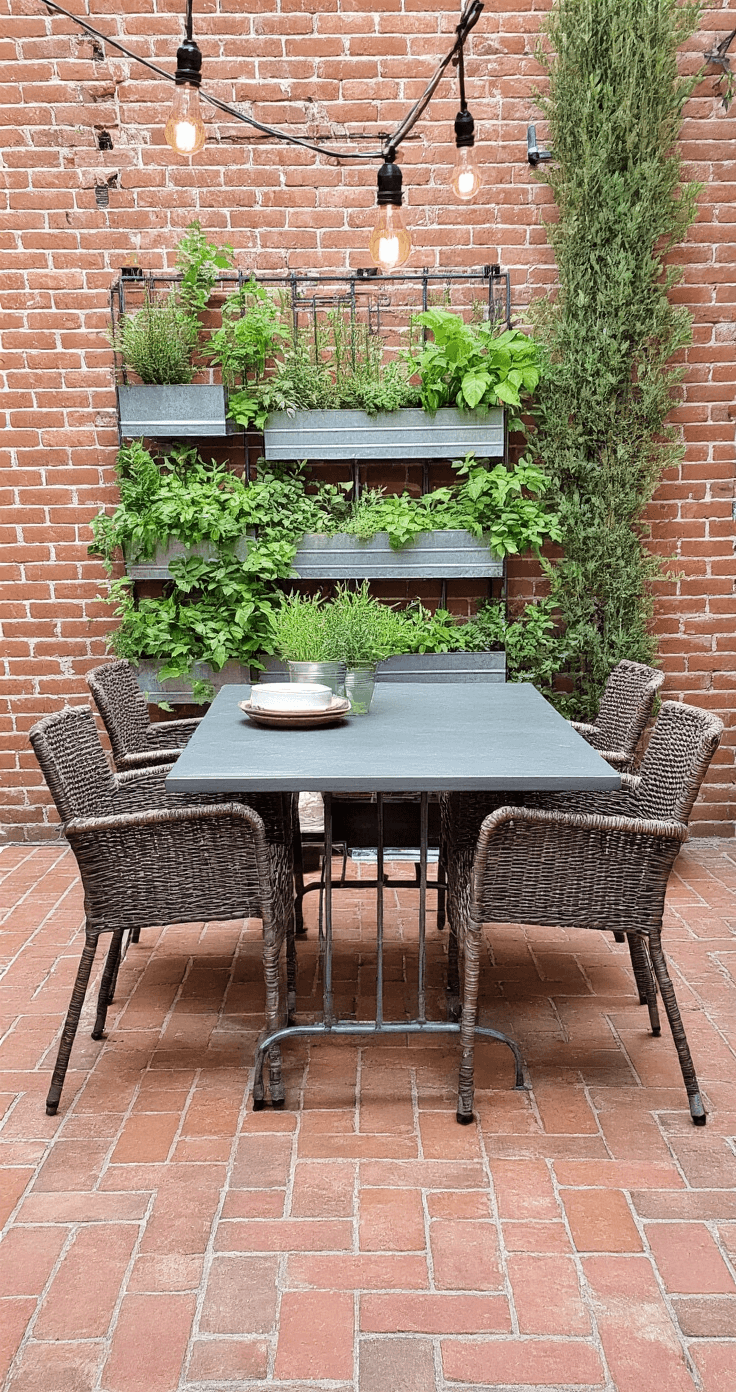 A reclaimed brick patio featuring a vintage red basket weave design, surrounded by rattan chairs and an industrial folding table, with a vertical herb garden in galvanized planters and Edison bulb string lights overhead, all in a terracotta and sage color scheme.