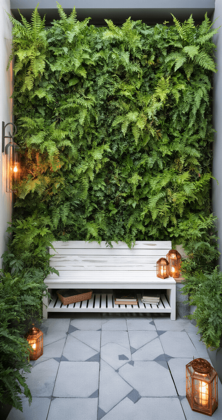 Aerial view of a compact vertical garden patio featuring a living wall of ferns and trailing vines, a distressed white wood bench/storage unit, light gray geometric concrete pavers, and copper solar lanterns, all presented in a forest green and white color palette with copper accents.