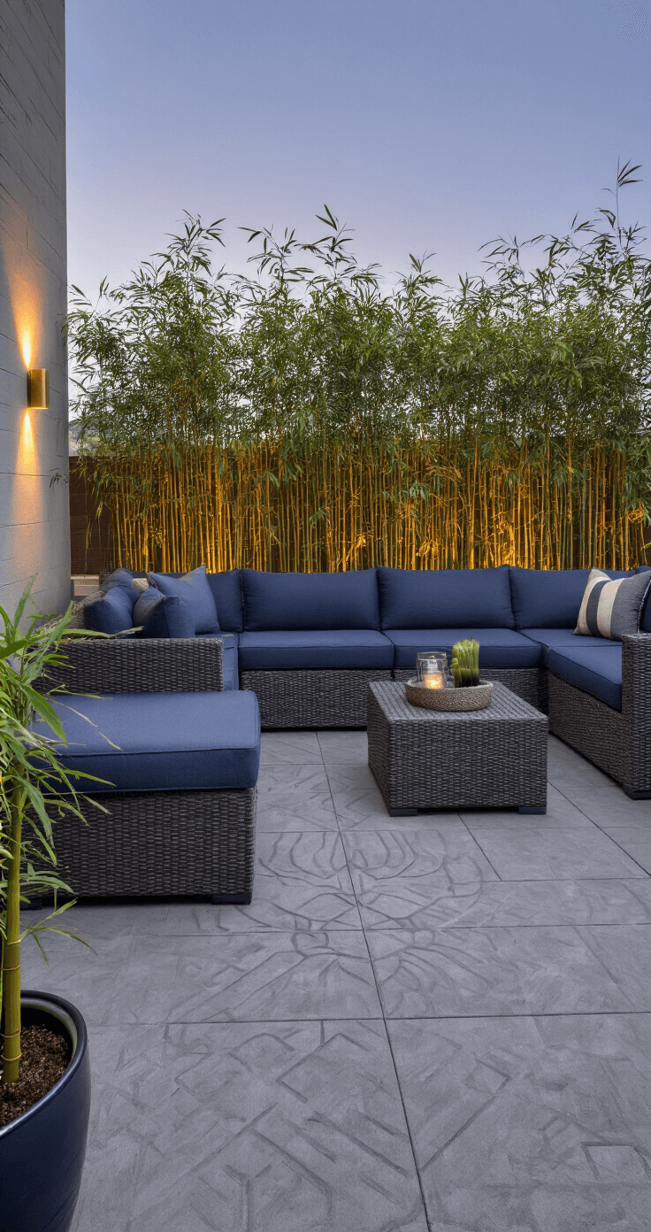 A modern patio at twilight featuring a stamped concrete floor with a geometric pattern, a charcoal wicker sectional with navy cushions, wall-mounted LED sconces for lighting, and potted bamboo for privacy, presented in a navy and gray palette with brass accents. Shot from a corner angle at chest height to create a moody atmosphere.