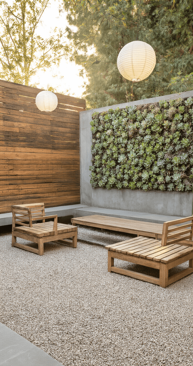 Zen-inspired patio at golden hour featuring light-toned gravel, reclaimed wood borders, minimalist teak furniture, a vertical succulent garden, and paper lanterns, all in a soft sand and sage palette.