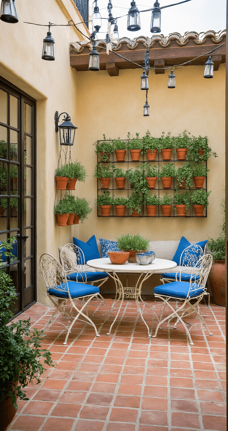 Mediterranean-style patio with terracotta pavers, a vintage cream bistro set with blue cushions, a wall-mounted herb garden in terra cotta pots, and market lights overhead, all captured in bright sunlight.