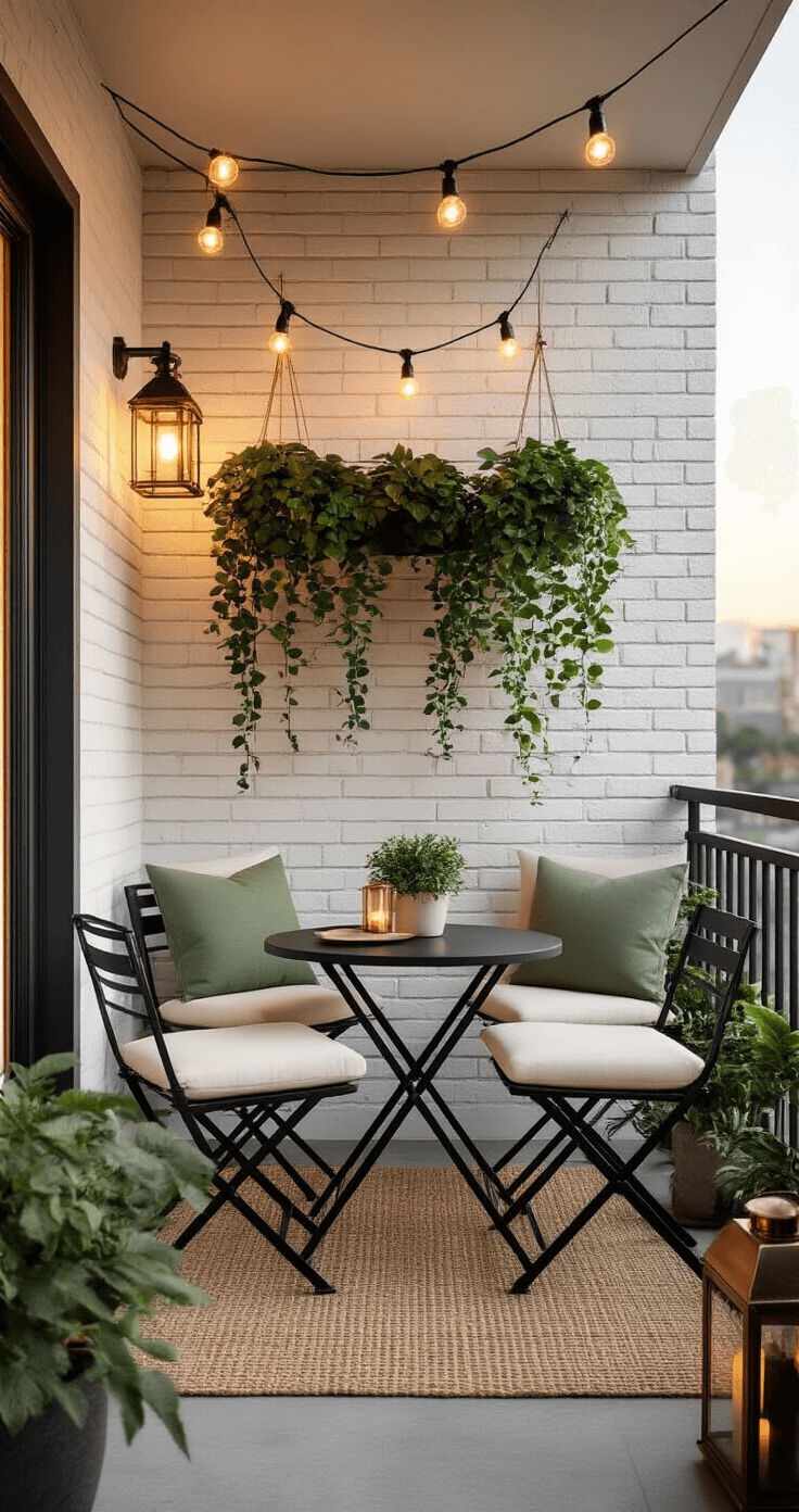 Intimate urban balcony at golden hour featuring a foldable bistro set in matte black with cream cushions, a whitewashed brick wall, and solar string lights overhead. Layered textiles with a jute rug, sage green pillows, and a light gray throw complement a three-tiered vertical garden with pothos and succulents. Weathered copper lanterns add ambient lighting.
