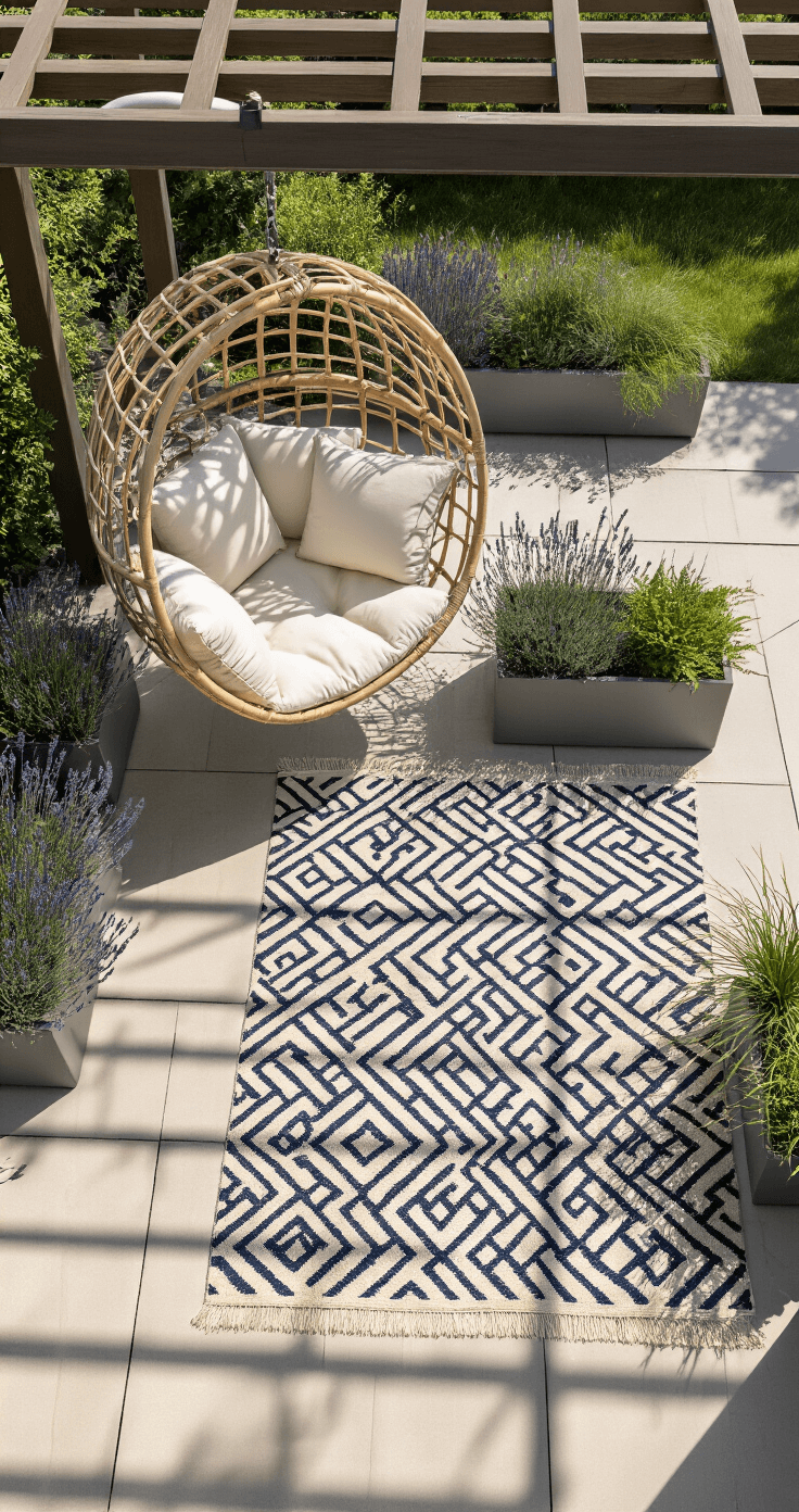 Aerial view of a compact 6'x12' rectangular patio featuring a contemporary hanging egg chair in natural rattan with ivory cushions, a geometric navy and cream outdoor rug, self-watering planters with lavender and ornamental grasses, and a wide-angle perspective capturing organic shadow patterns from an overhead pergola, all styled in clean Scandinavian design.
