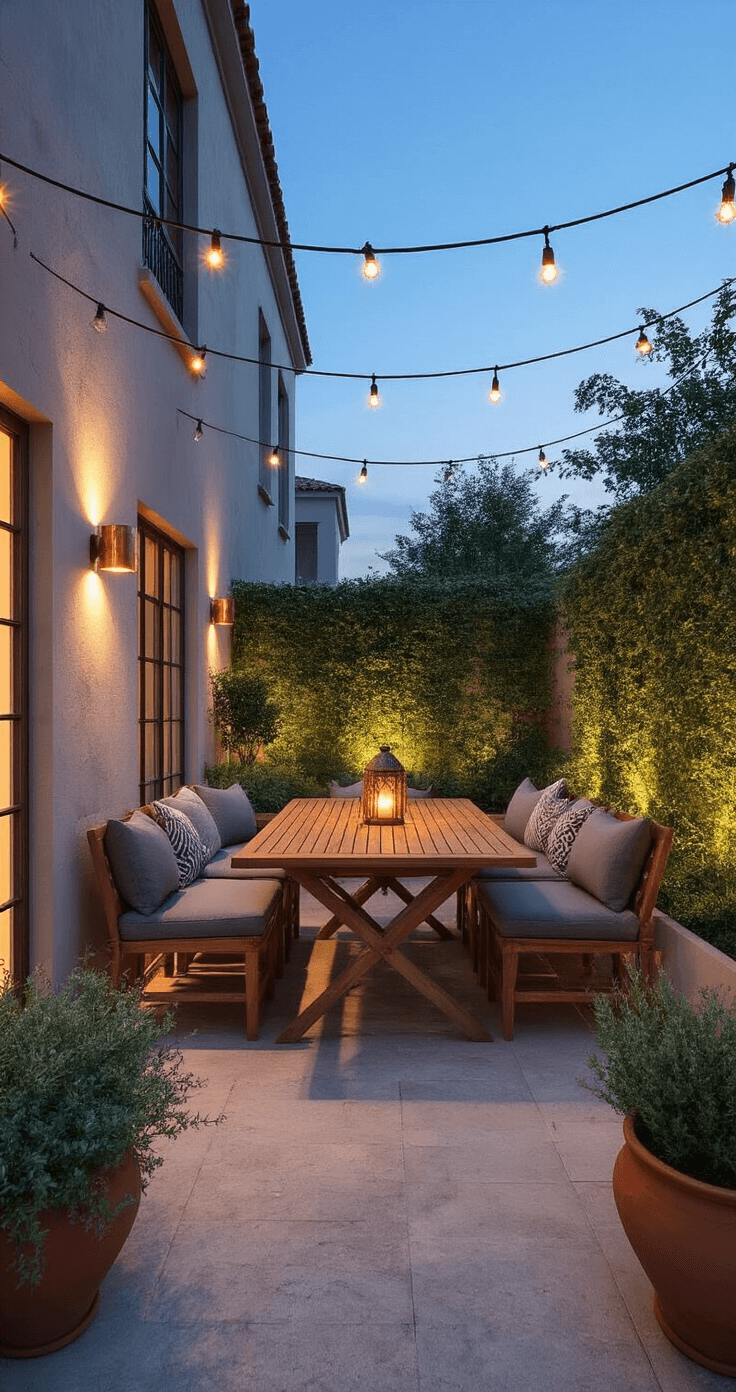 Evening courtyard patio featuring a foldable acacia wood dining set with gray upholstery, illuminated garden wall with copper sconces, interweaving string lights, and Moroccan lanterns casting shadows, surrounded by terra cotta planters with Mediterranean herbs, shot at blue hour.