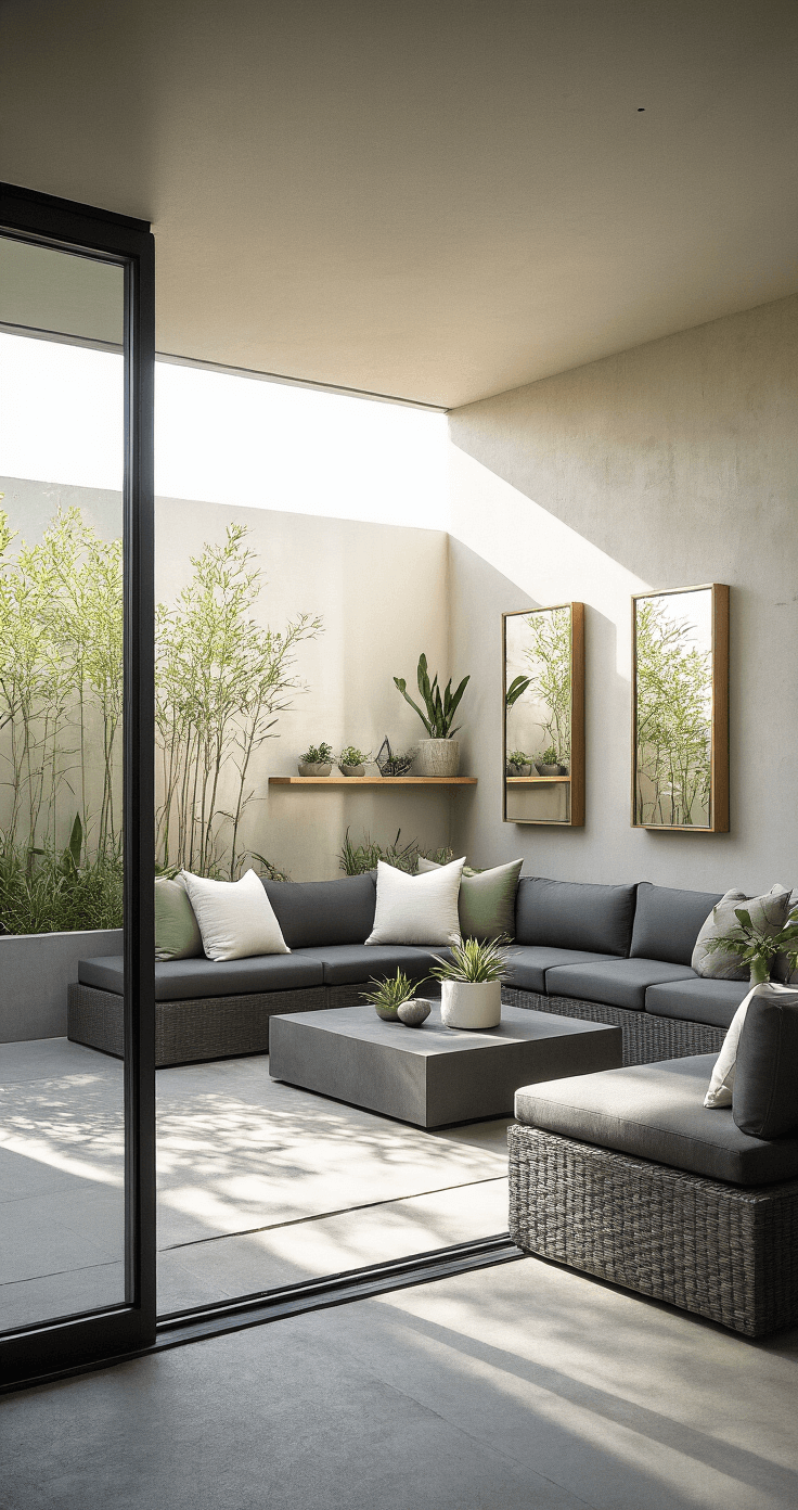 A modern minimalist patio flooded with morning light, featuring floor-to-ceiling sliding glass doors, a charcoal sectional with white and sage pillows, floating shelves with air plants and geometric sculptures, and concrete planters with bamboo for privacy.