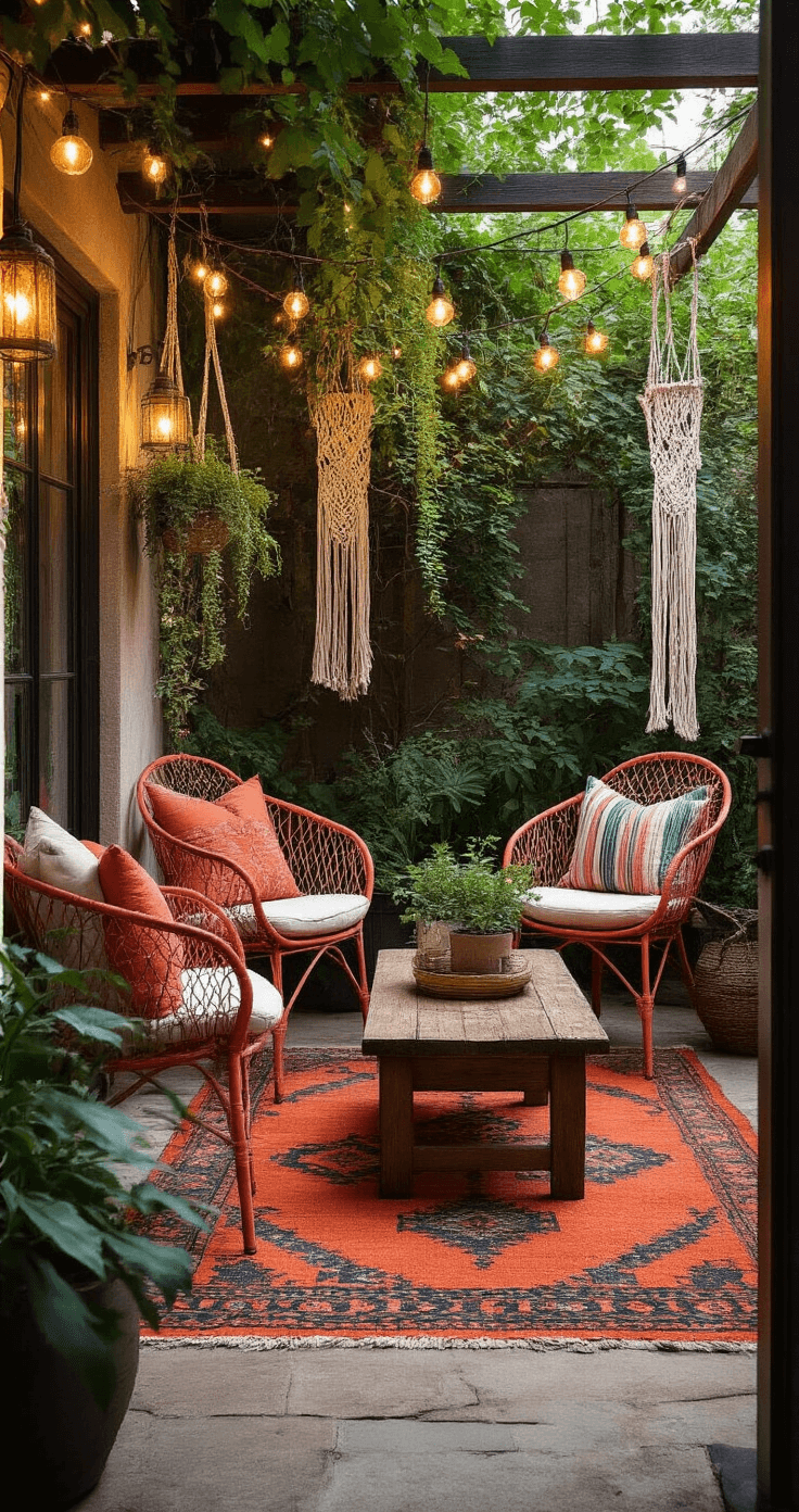 A cozy bohemian micro-patio at dusk featuring coral-painted vintage metal chairs around a rustic wooden coffee table, macramé plant hangers with trailing vines, and a Moroccan-inspired outdoor rug in burnt orange and indigo, all illuminated by magical bokeh from fairy lights and copper lanterns, with layered textiles including mudcloth pillows and a striped throw.