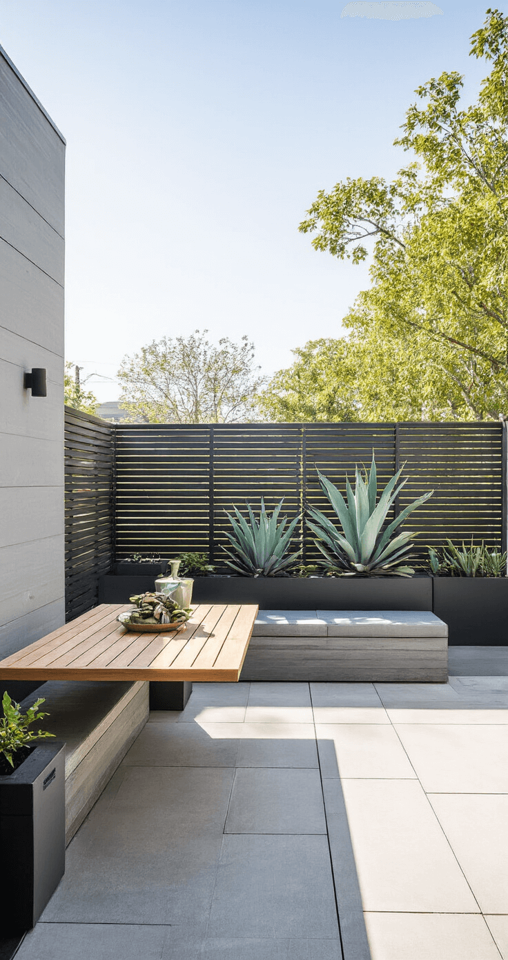 Contemporary patio illuminated by afternoon sun, featuring a wall-mounted fold-down teak table, a weathered gray multi-functional storage bench, oversized black planters with agave plants, and a modern slatted privacy screen, shot from a corner angle.