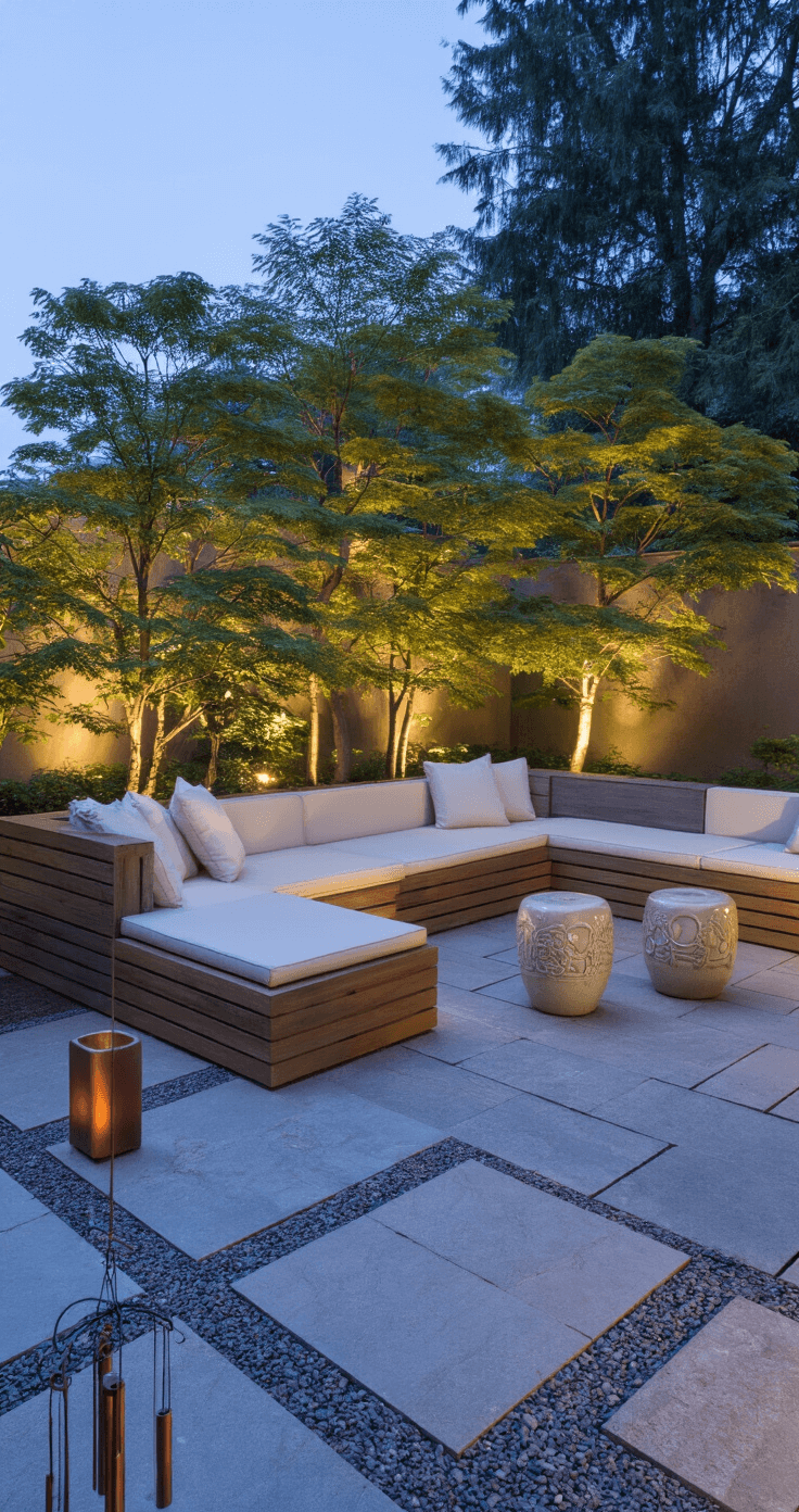 Twilight view of a zen-inspired patio featuring low-profile modular teak seating with cream cushions, oriental ceramic stools, uplighted Japanese maples casting shadows, natural stone pavers, gravel detail, and copper wind chimes.