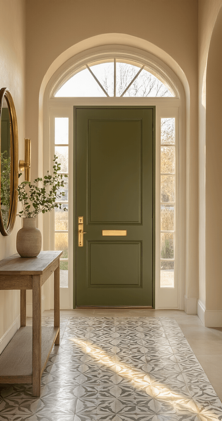 Interior entryway with a 12-foot ceiling, featuring an olive green door against tan walls, frosted glass panels allowing golden hour light, and geometric cement tiles. A slim weathered oak console table and vintage brass mirror complete the warm and sophisticated atmosphere.