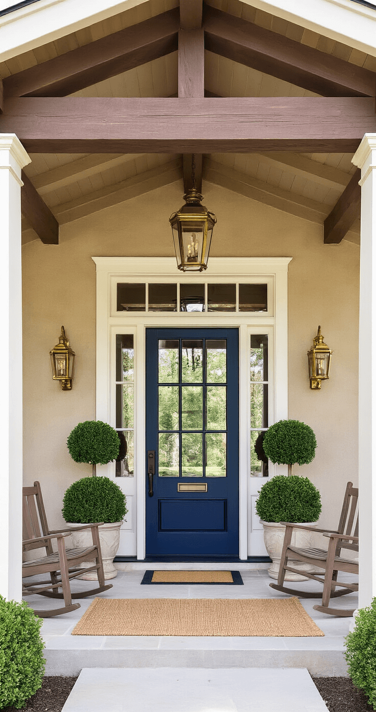A grand craftsman porch with a glossy navy blue door and white trim, flanked by symmetrical topiaries, brass lantern sconces, taupe rocking chairs, and a natural fiber welcome mat, captured in bright midday light with a slight upward angle.