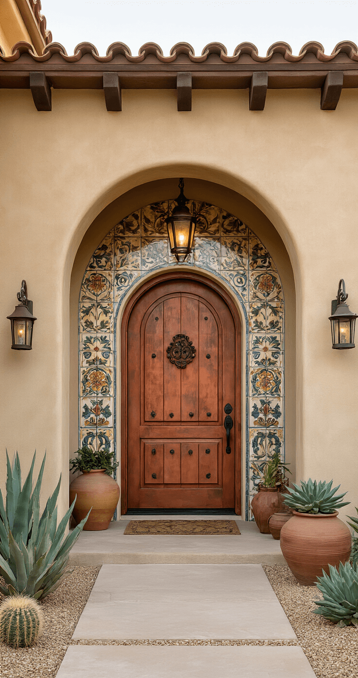 A Mediterranean-style entrance featuring a 9-foot arched terracotta front door with hand-painted tiles, wrought iron details, and aged copper hardware. The scene showcases desert landscaping with sculptural succulents and earthy pottery against tan stucco walls, captured in warm morning light from a ground-level perspective to highlight the architectural details.