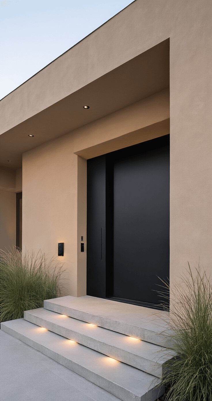Dusk view of a modern minimalist entrance with a matte black pivot door against a warm tan exterior, featuring floating concrete steps, architectural grasses, and LED ground lighting, captured with an ultra-wide angle from hip height, showcasing dramatic mixed lighting and sleek black hardware.