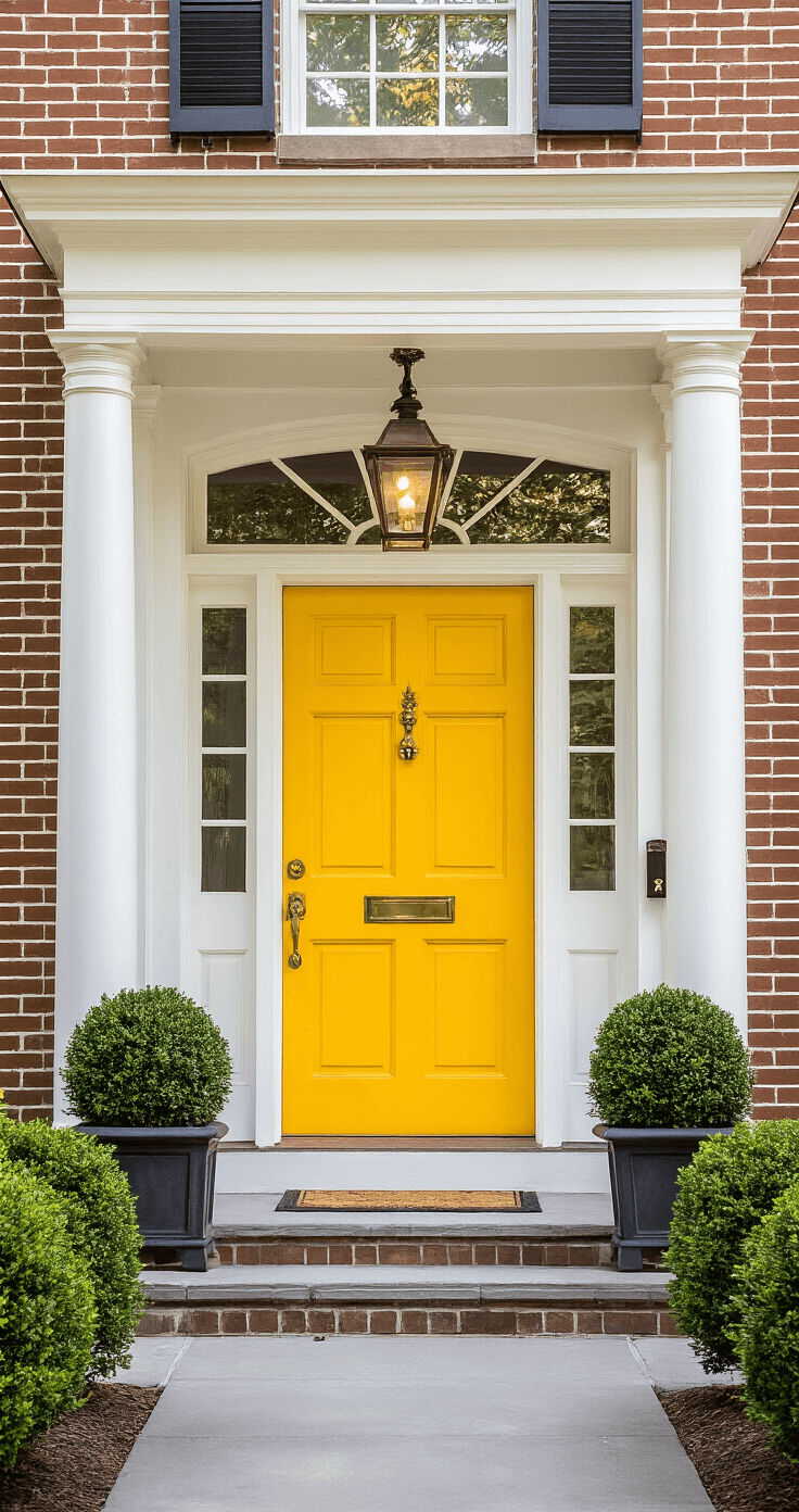 A bright yellow statement door framed by white columns at a colonial-style entrance, featuring a brass kickplate and mail slot. Symmetrical boxwood planters and formal landscaping complement a tan brick facade, with a traditional brass door knocker and lantern-style sconces, captured in natural lighting for a cheerful and traditional mood.