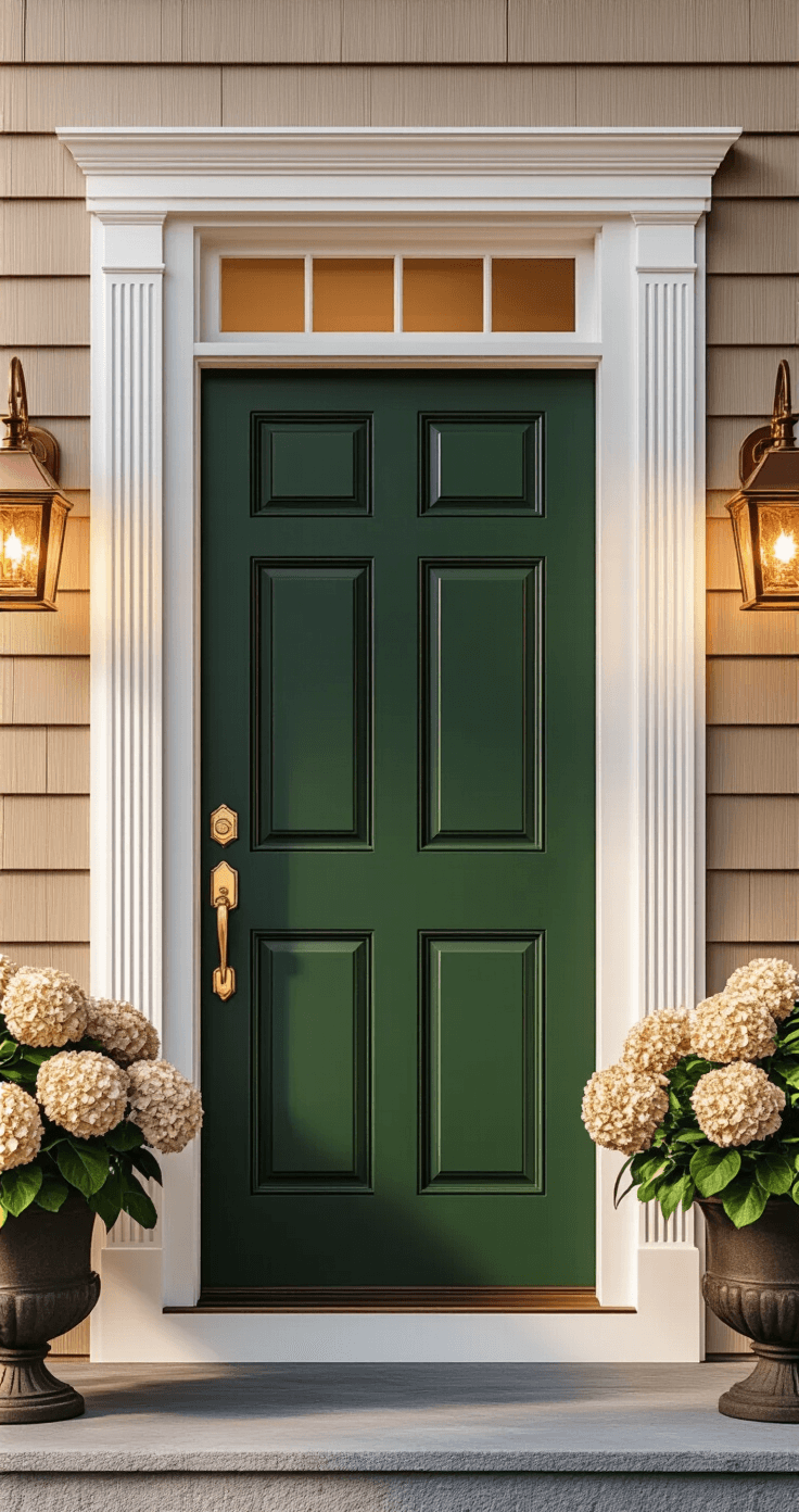 Twilight exterior scene of a rich hunter green 6-panel door with dentil molding, framed by tan shingle siding, antique brass hardware, and warm copper lanterns. Potted hydrangeas flank the entrance, and a transom window above is highlighted by white trim work, creating a classic and cozy atmosphere.