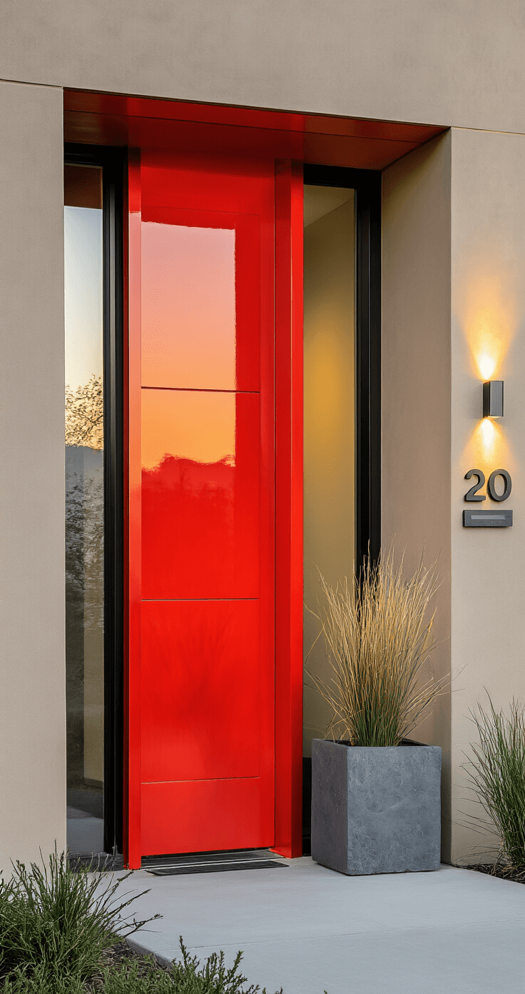 Contemporary entrance featuring a vibrant red glossy door, clean lines, and minimal hardware, surrounded by architectural concrete planters with ornamental grasses, against a tan stucco facade. Geometric brushed steel house numbers are visible, captured during golden hour with a ground-level perspective and 20-degree angle, showcasing bold modern lighting.