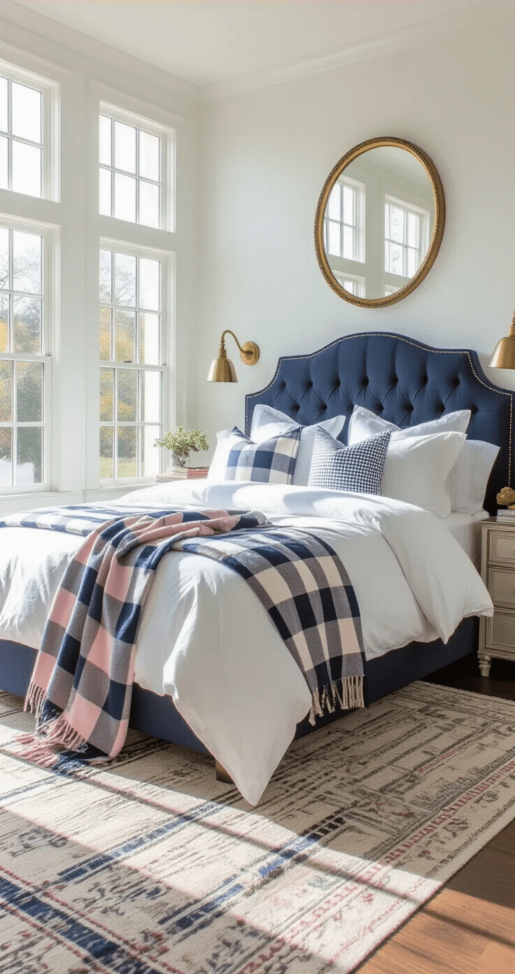 A bright preppy bedroom featuring a navy and white tufted headboard, king-sized bed with layered bedding, gold-trimmed sconces, and brass accents, all bathed in soft morning light.