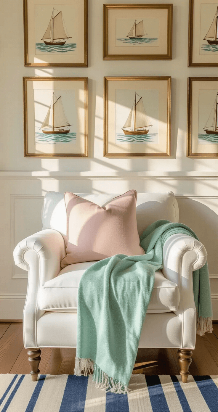 An intimate preppy bedroom corner featuring a white armchair draped with a mint green throw and a blush pink monogrammed pillow, set against a gallery wall of vintage sailing prints in brass frames, illuminated by warm golden hour light.