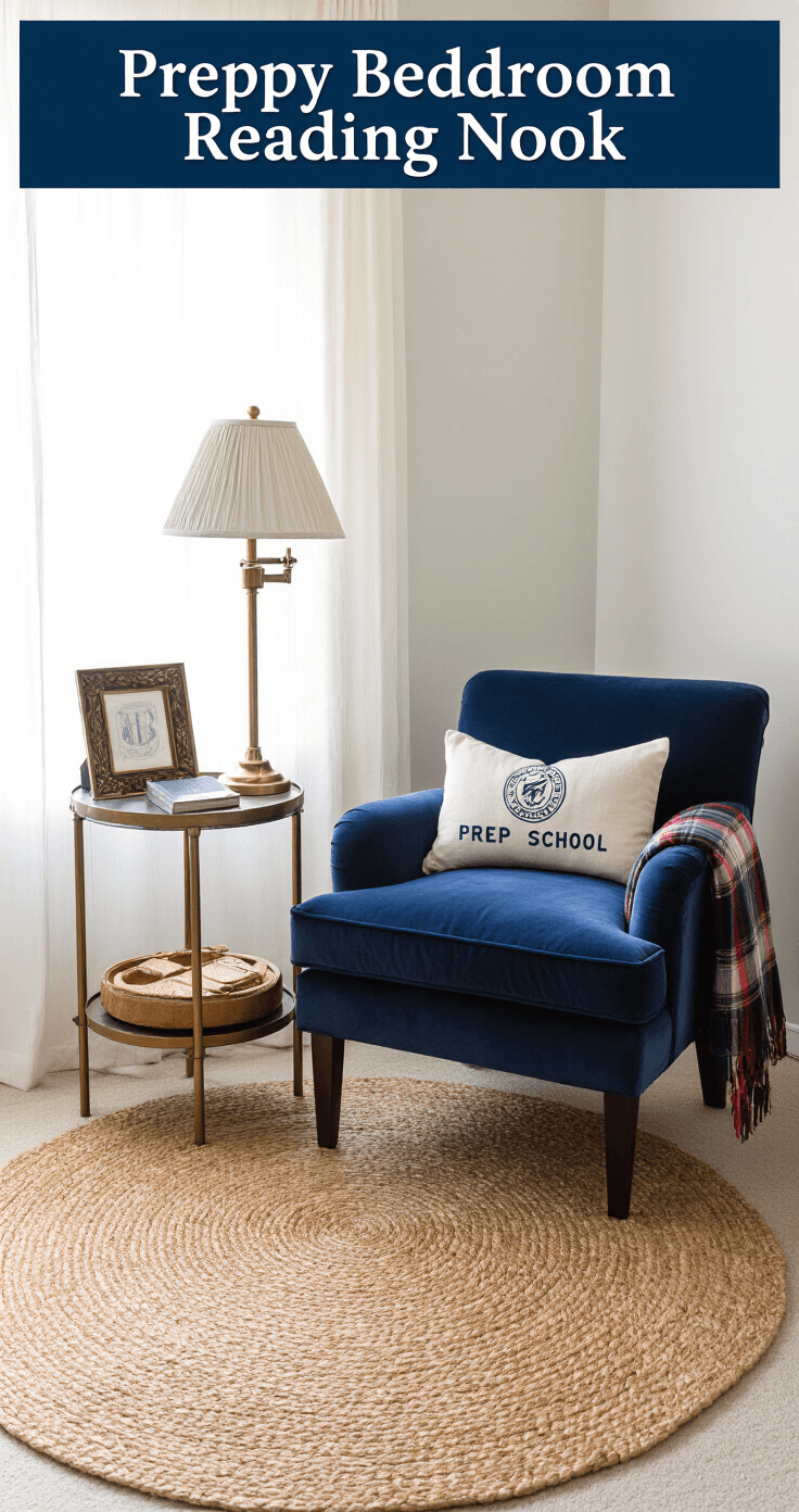 Overhead view of a preppy bedroom reading nook featuring a navy velvet slipper chair, jute rug, brass floor lamp, lacquered side table with a yearbook, leather catchall, and picture frame, accented with a tartan throw and diffused natural light.
