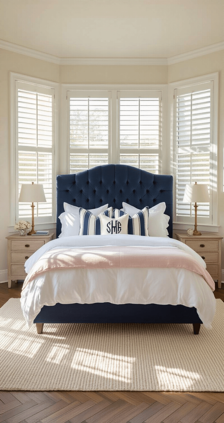 A sunlit preppy bedroom featuring a king bed with a navy tufted headboard, crisp white linens, and a pale pink duvet. Brass table lamps flank custom nightstands beside large bay windows with plantation shutters, casting geometric shadows on herringbone hardwood floors, all anchored by a cream wool rug.