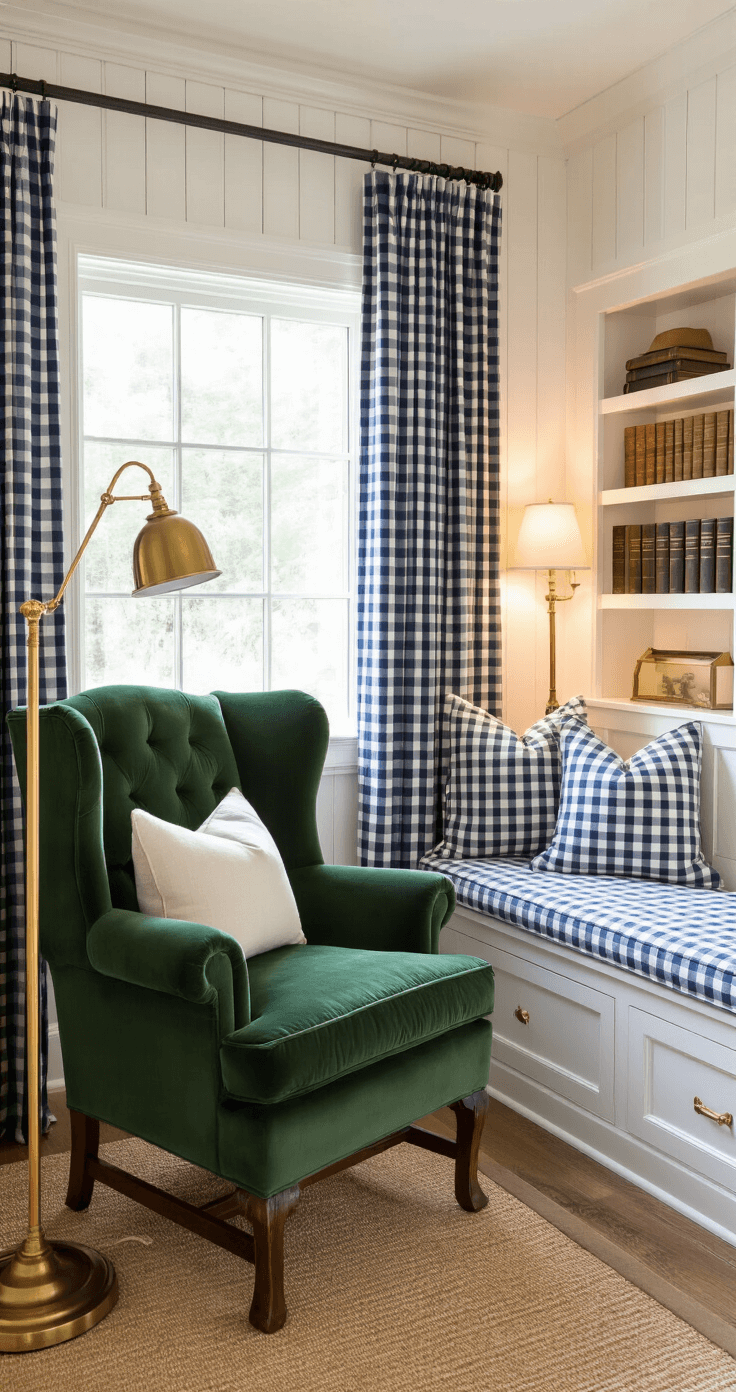 Intimate corner reading nook featuring a plush hunter green velvet wingback chair beside a brass floor lamp, against white board and batten walls. Navy and white gingham curtains adorn a window seat with custom cushions, flanked by built-in bookshelves filled with leather-bound books and brass accessories, all illuminated by warm ambient lighting.