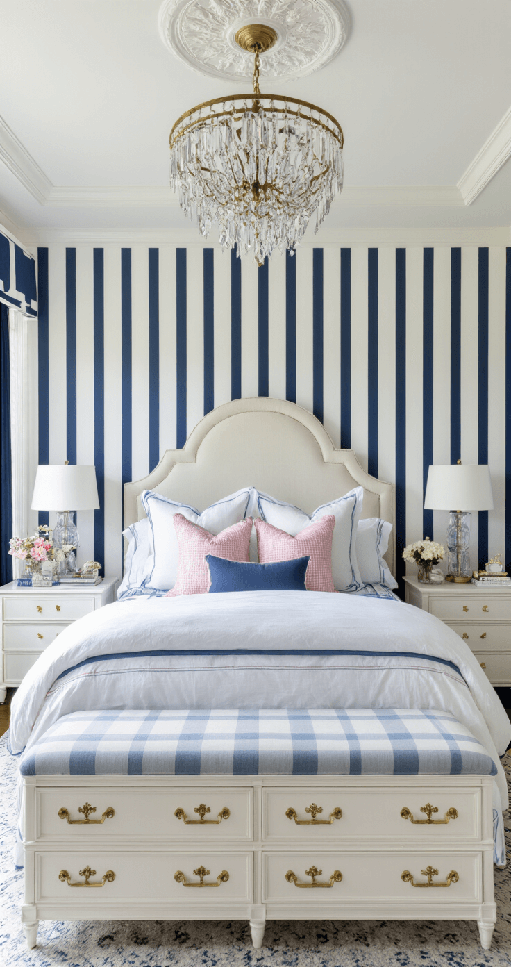 Wide-angle view of a preppy master bedroom featuring navy and white striped accent wall, queen bed with tailored white headboard and layered blue, white, and pink bedding, flanked by matching white lacquered dressers with gold hardware, and a crystal chandelier illuminating the space.