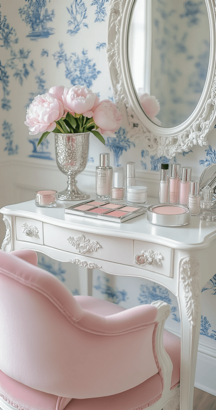 Detail shot of a preppy vanity vignette featuring a white baroque-style desk, a pink velvet chair, silver-framed mirrors, organized beauty essentials, and fresh peonies in a silver julep cup, with a delicate blue and white chinoiserie wallpaper background.