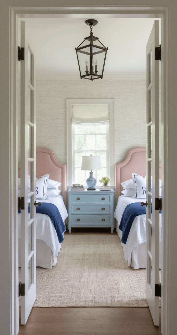 Dusk view of a preppy guest room through French doors, featuring twin beds with white and navy bedding, a shared pale blue dresser, blush pink upholstered headboards, a warm lantern fixture, and textured white grasscloth wallpaper.