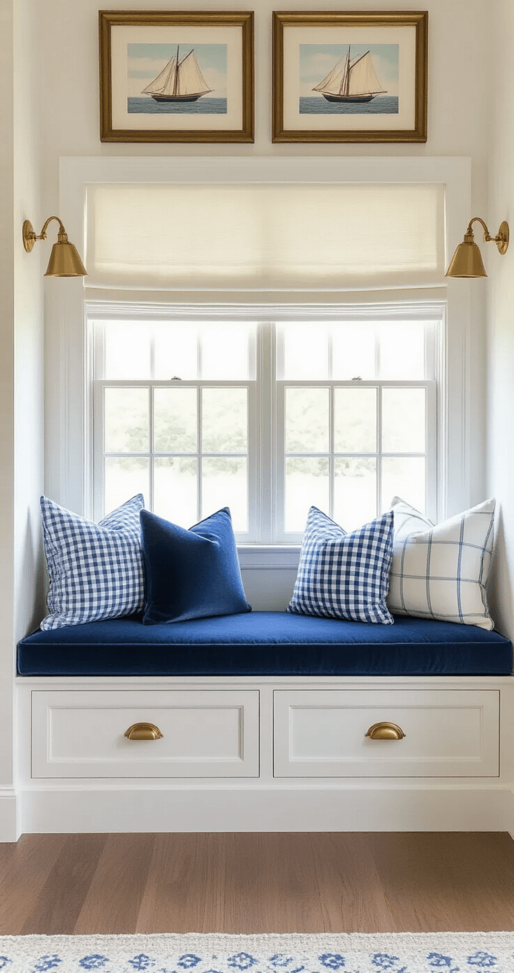 Morning light fills a preppy bedroom window seat adorned with a navy velvet cushion and a variety of patterned pillows, while a built-in storage below boasts white inset panels. Brass picture lights highlight vintage sailing prints above, and a sheer roman shade enhances the natural light.