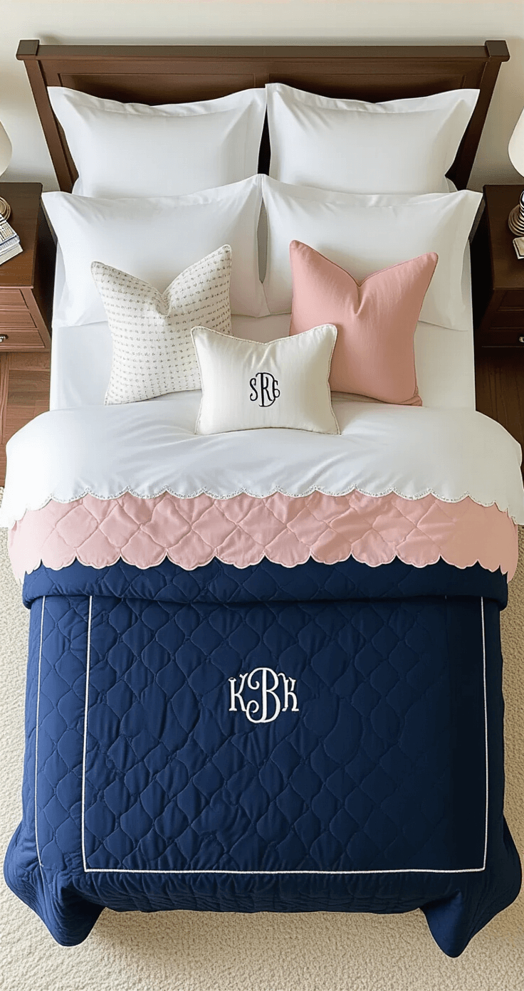 Overhead flat-lay view of a preppy bedroom featuring a king-sized bed with layered bedding: white embroidered sheets, a navy scalloped quilt, and a blush pink monogrammed duvet, accented by throw pillows in classic patterns, all illuminated by soft natural light.