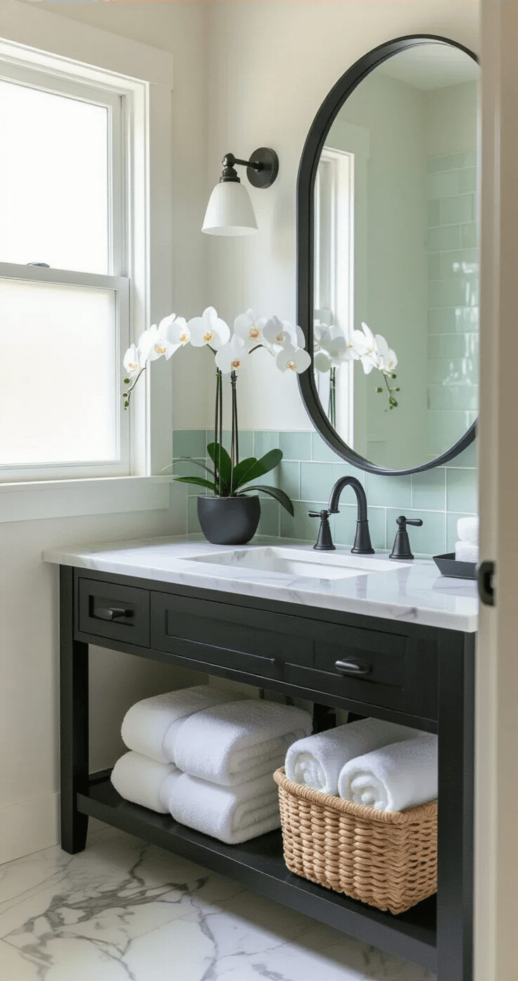 A serene master bathroom featuring marble countertops and a matte black freestanding vanity mirror, accented by pale sage green tiles, illuminated by morning light through a frosted window. Plush white towels are neatly rolled in a rattan basket, and a white orchid in a black pot adds a touch of elegance.