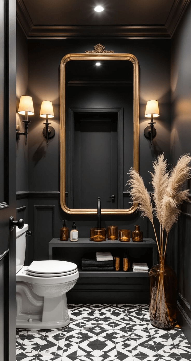 Intimate 5x7ft powder room with charcoal walls, geometric black and white floor tiles, oversized vintage brass mirror, modern matte black fixtures, and styled shelf with amber glass vessels and pampas grass, captured from a corner angle with warm evening lighting.