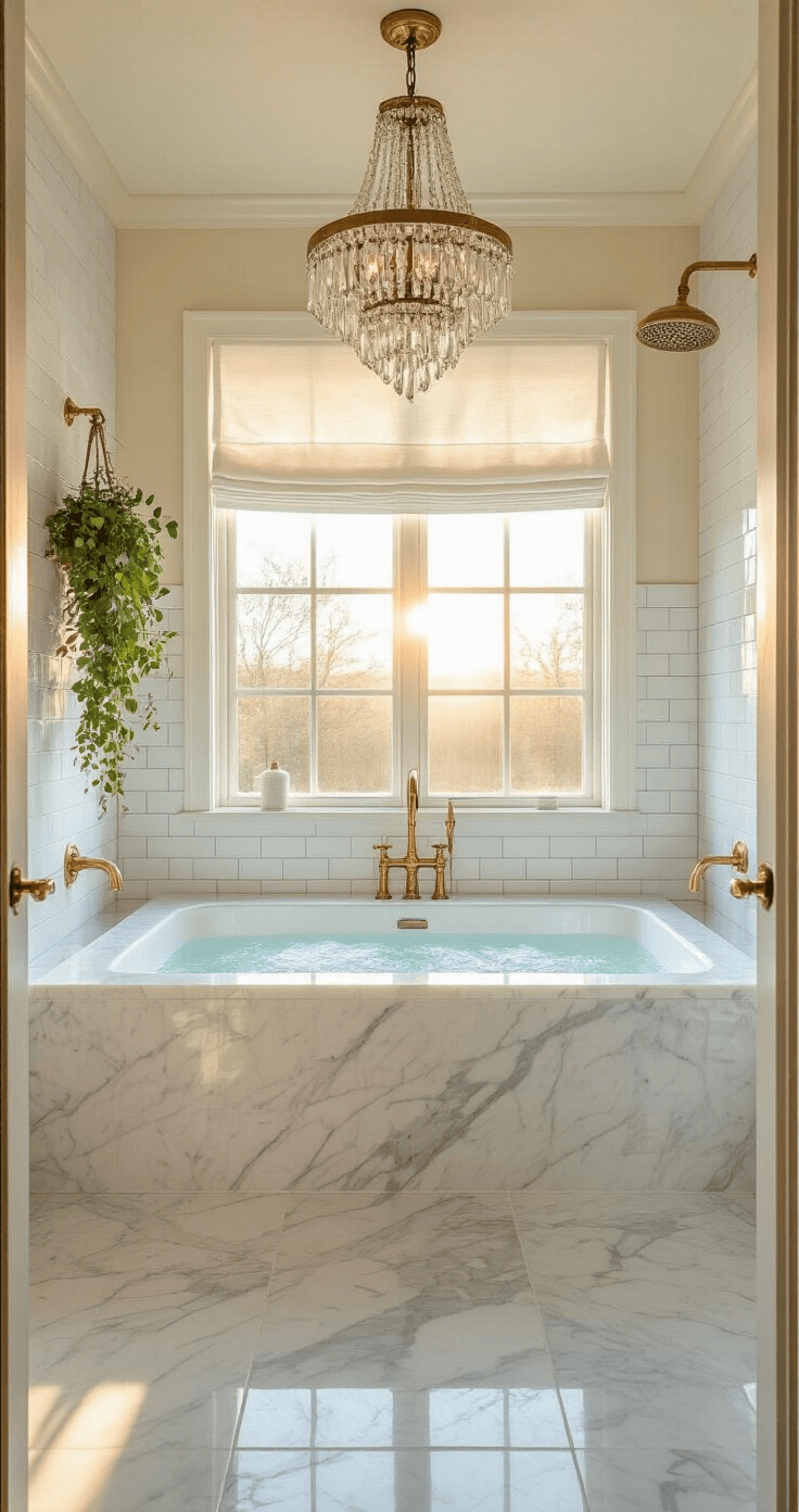 Luxury bathroom at golden hour featuring a soaking tub beneath a window, crystal chandelier, Carrara marble floors, and subway tile walls. Brass fixtures and a white linen roman shade add warmth, while a bundle of fresh eucalyptus hangs from the rainfall shower head. The scene is softly lit with natural golden light and subtle rim lighting, creating an indulgent and tranquil atmosphere.