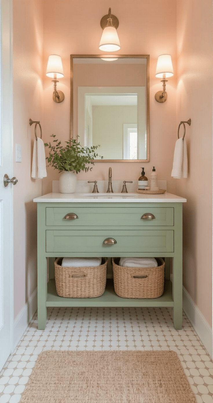 Cozy guest bathroom featuring blush pink walls, cream penny tile flooring, and a sage green vintage vanity, accented with brushed nickel and copper details, illuminated by soft afternoon light.