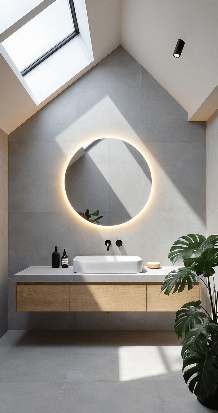Modern bathroom with skylights, floating concrete vanity, large gray porcelain tiles, minimalist round mirror, black matte accessories, and a monstera plant, captured with tilt-shift lens for perfect verticals and enhanced natural lighting.