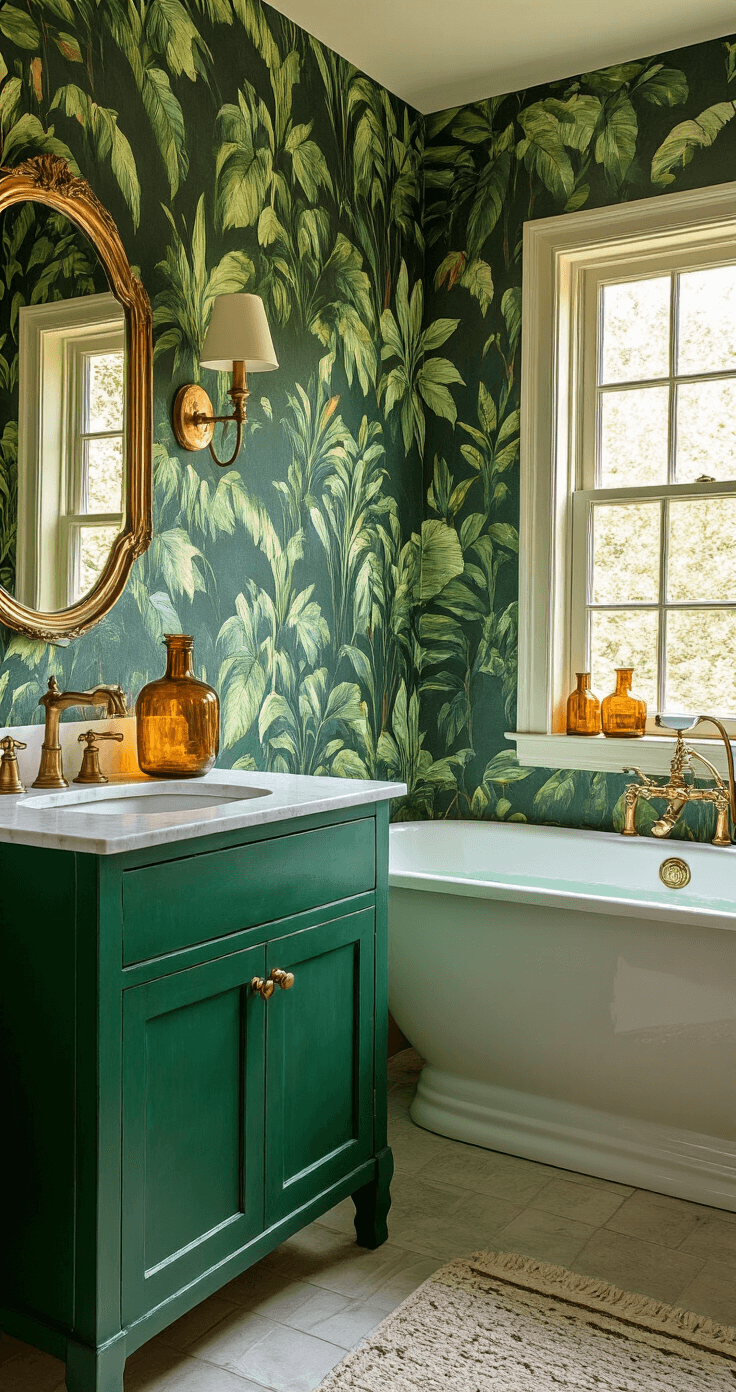 Eclectic bathroom featuring bold jungle-print wallpaper, a vintage clawfoot tub, an emerald green vanity with white quartz, and amber glass vessels, all illuminated by warm afternoon light.